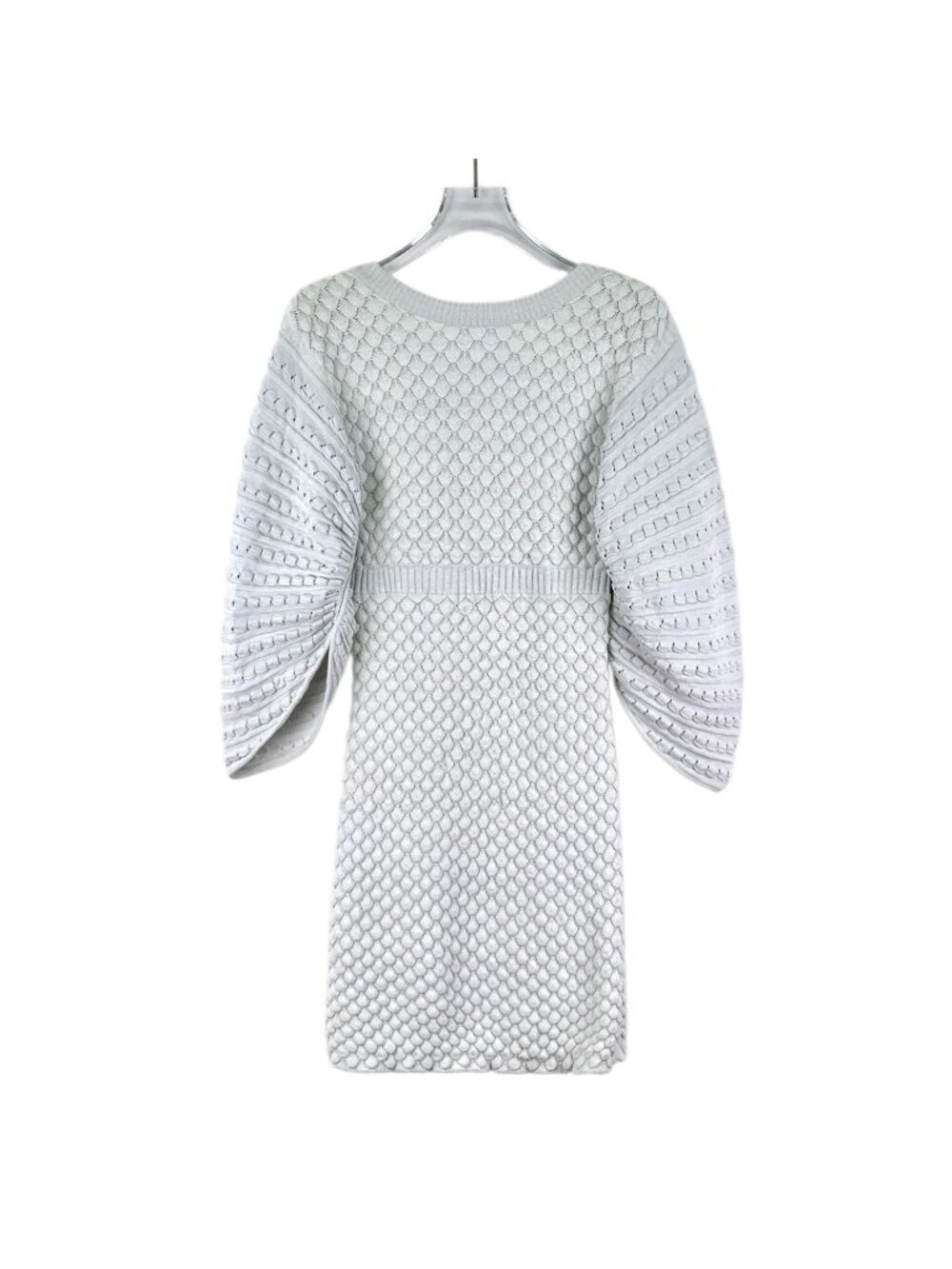 Chanel White Jacquard Open-Back Crew Neck Long-Sleeve Knit Dress